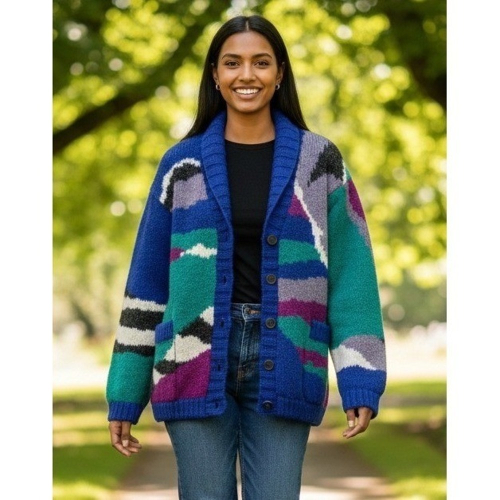 Vintage Saga Club Wool Mohair Cardigan‎ Sweater Size XS Chunky Shrunk Comfy Knit